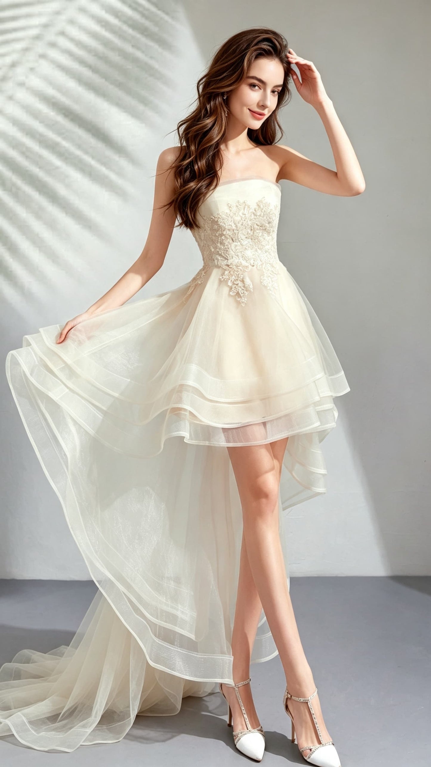Romantic A-line Champagne Evening Dress Strapless Organza High Low Formal Dress LFNC0158