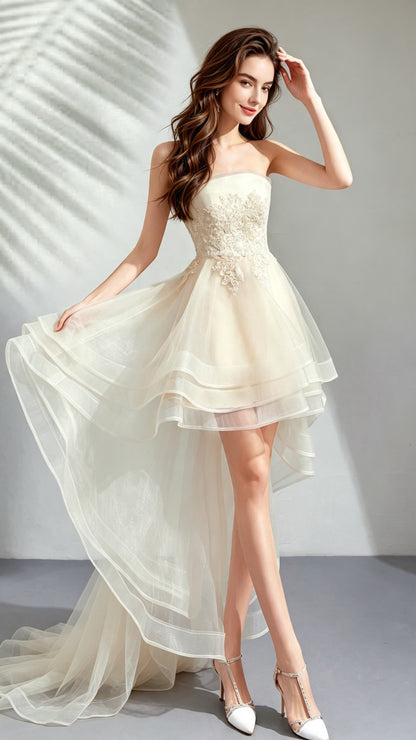 Romantic A-line Champagne Evening Dress Strapless Organza High Low Formal Dress LFNC0158