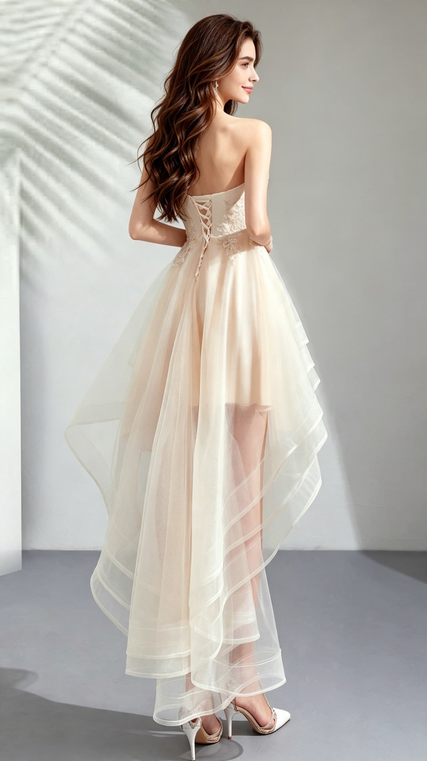 Romantic A-line Champagne Evening Dress Strapless Organza High Low Formal Dress LFNC0158