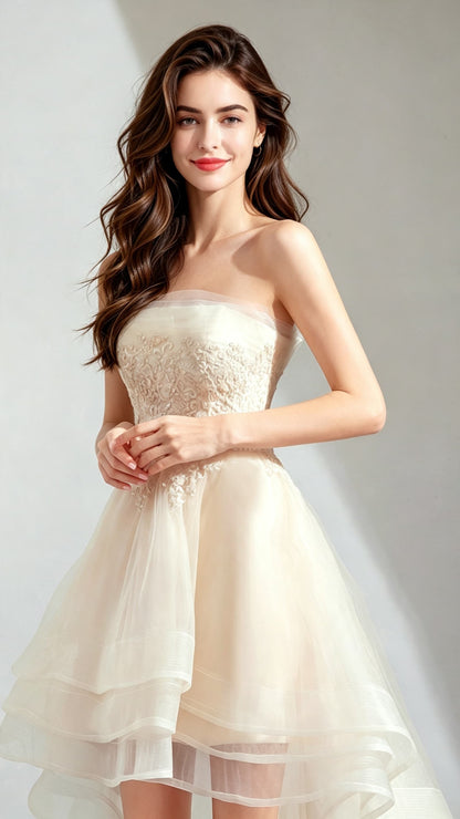Romantic A-line Champagne Evening Dress Strapless Organza High Low Formal Dress LFNC0158