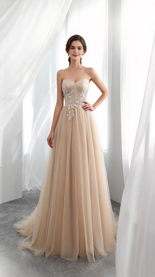 Lightweight A-line Champagne Evening Gowns Sweetheart Tulle Long Formal Dress LFNG0043