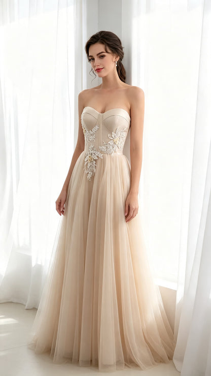 Lightweight A-line Champagne Evening Gowns Sweetheart Tulle Long Formal Dress LFNG0043