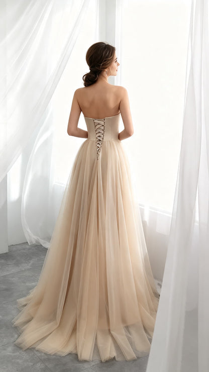 Lightweight A-line Champagne Evening Gowns Sweetheart Tulle Long Formal Dress LFNG0043