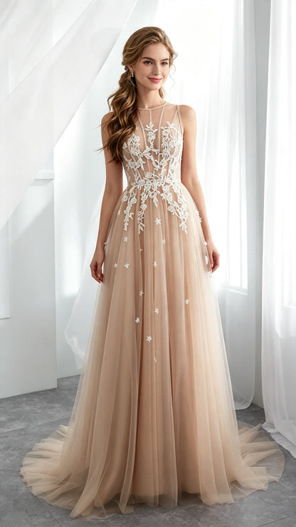 Simple A-line Champagne Evening Gowns Round Neck Tulle Long Formal Dress LFNG0041