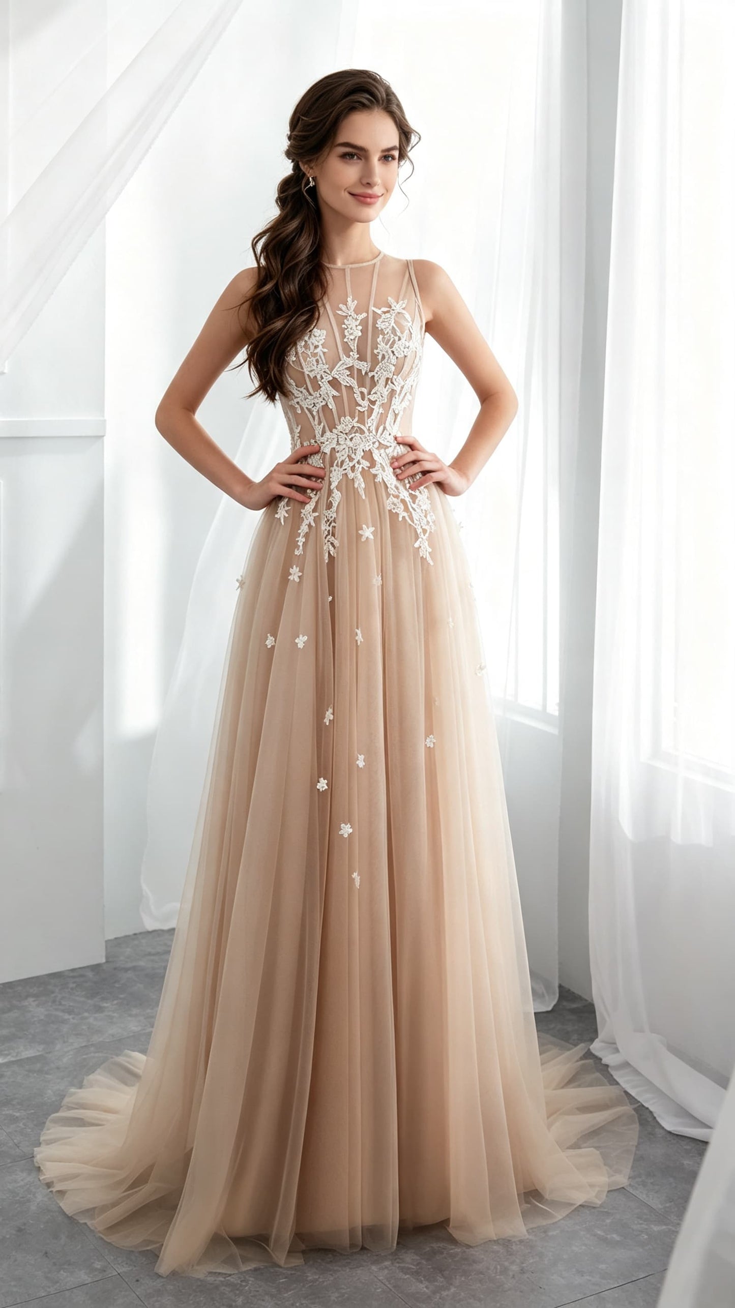 Simple A-line Champagne Evening Gowns Round Neck Tulle Long Formal Dress LFNG0041