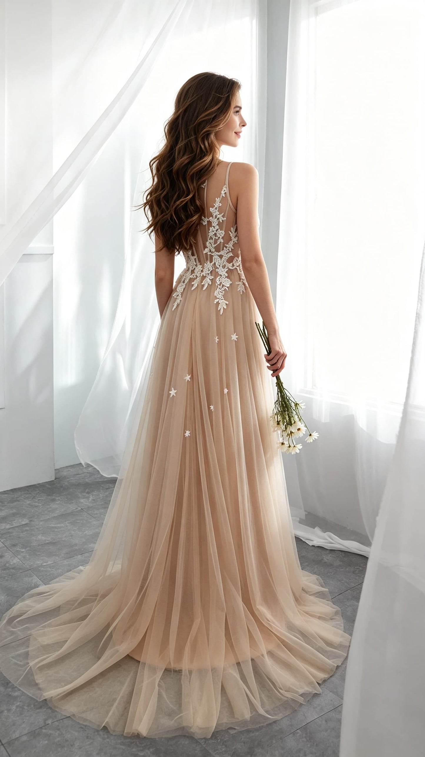 Simple A-line Champagne Evening Gowns Round Neck Tulle Long Formal Dress LFNG0041