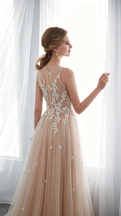 Simple A-line Champagne Evening Gowns Round Neck Tulle Long Formal Dress LFNG0041
