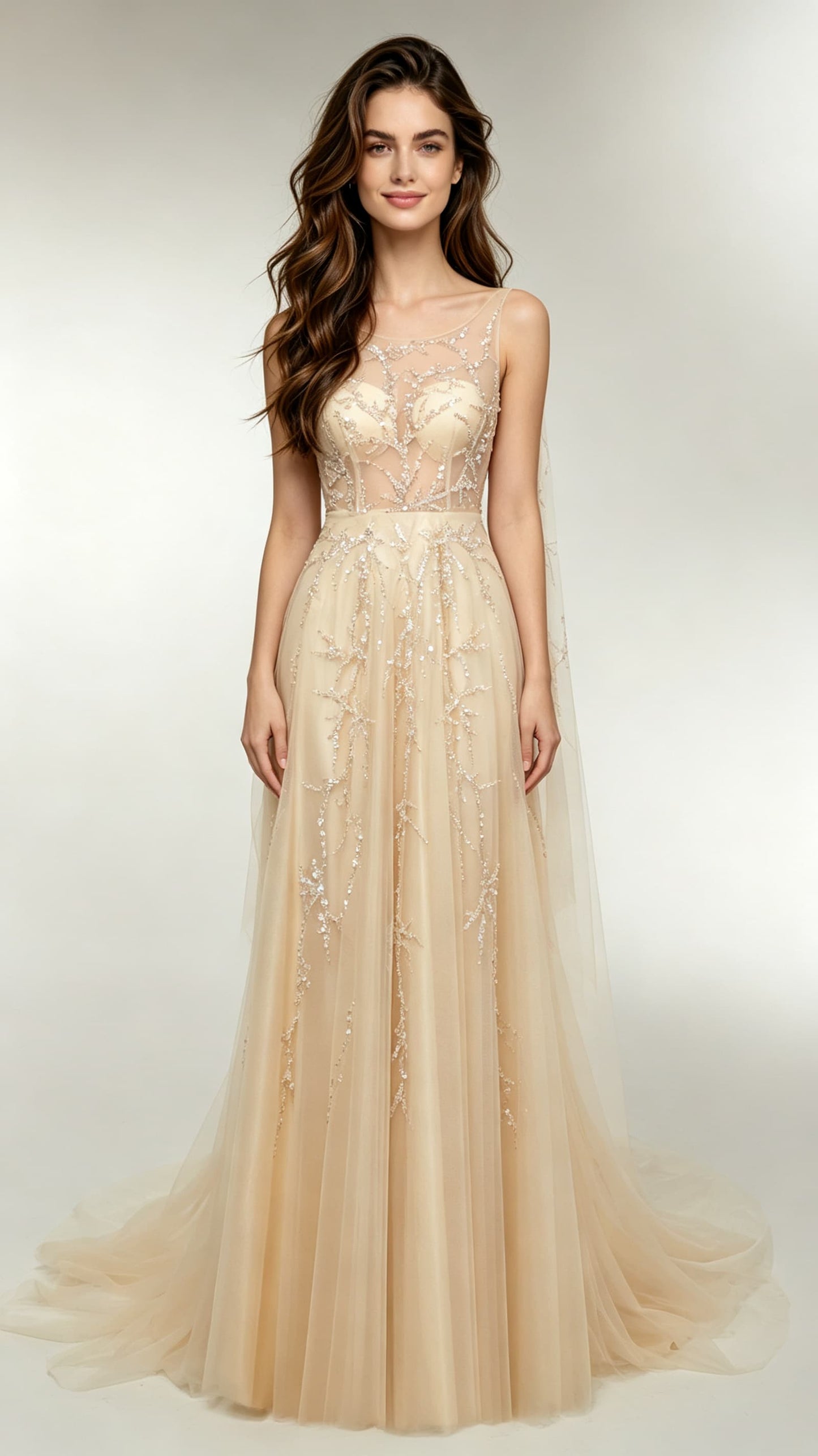 Flattering A-line Champagne Evening Gowns Round neck Tulle Maxi Dress LFNL0687