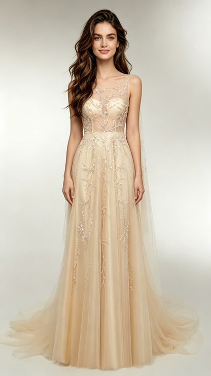Flattering A-line Champagne Evening Gowns Round neck Tulle Maxi Dress LFNL0687