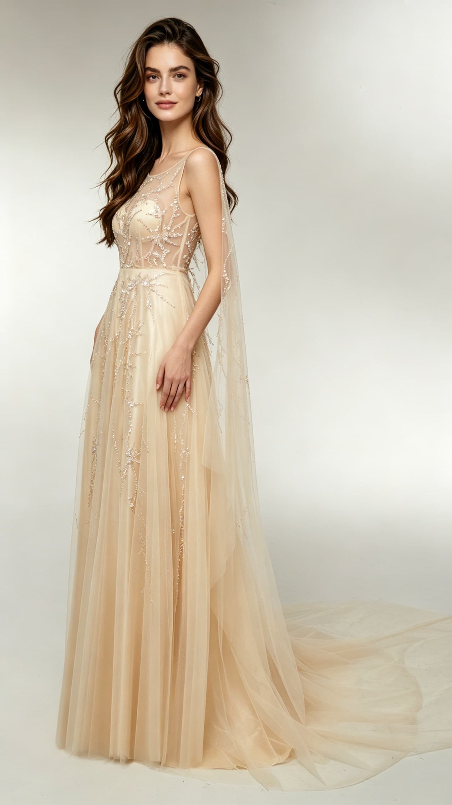 Flattering A-line Champagne Evening Gowns Round neck Tulle Maxi Dress LFNL0687