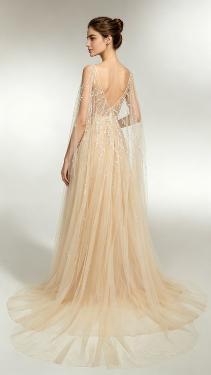 Flattering A-line Champagne Evening Gowns Round neck Tulle Maxi Dress LFNL0687