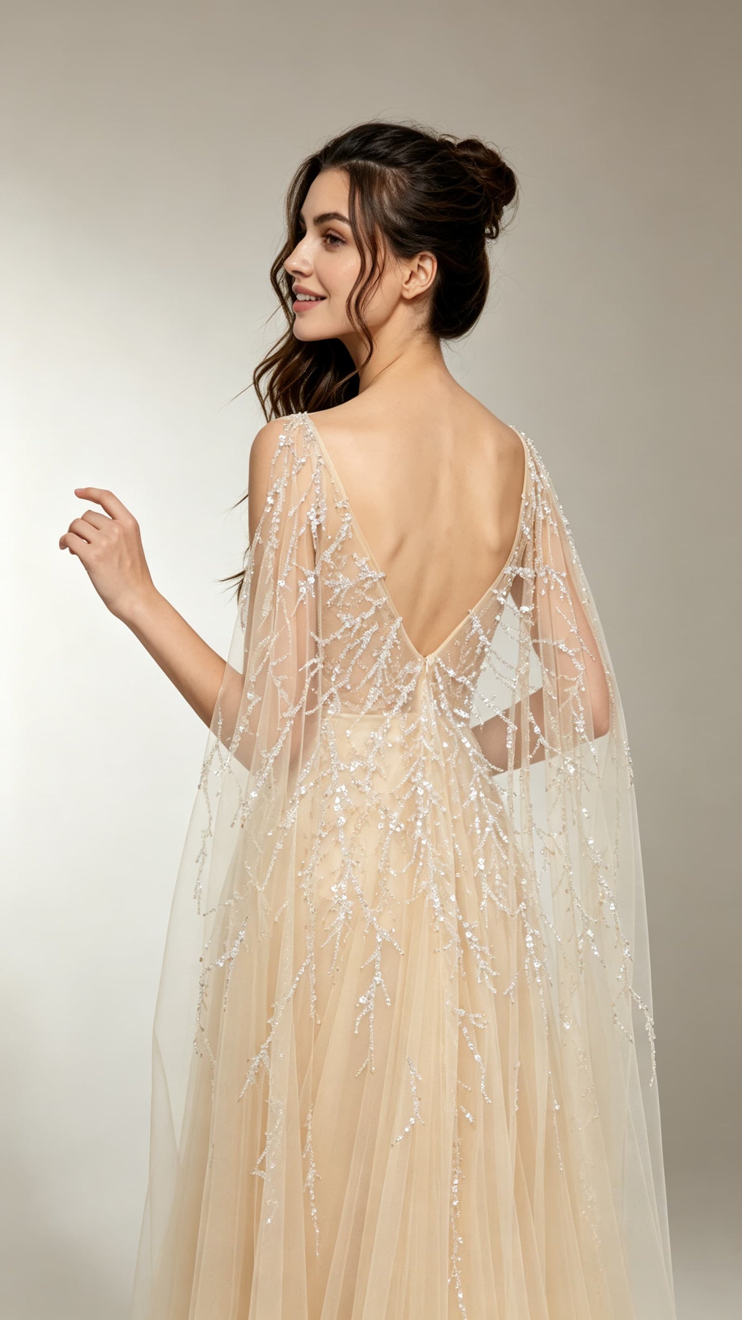 Flattering A-line Champagne Evening Gowns Round neck Tulle Maxi Dress LFNL0687