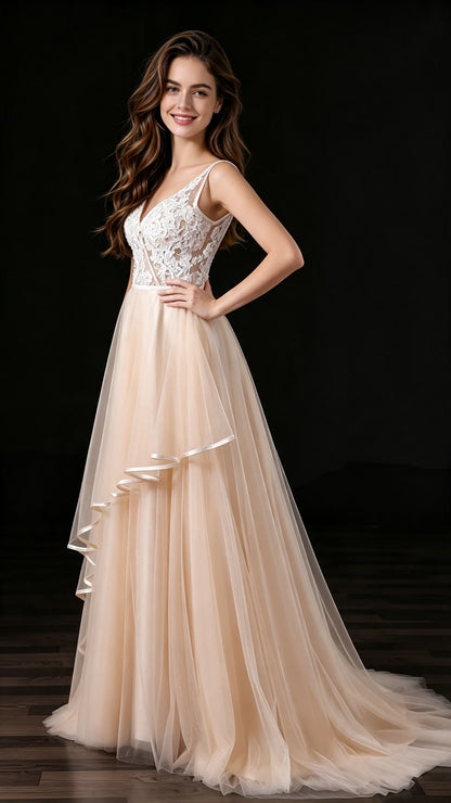 Romantic A-line Champagne Evening Gowns V Neck Lace&Tulle Long Formal Dress LFNL0622