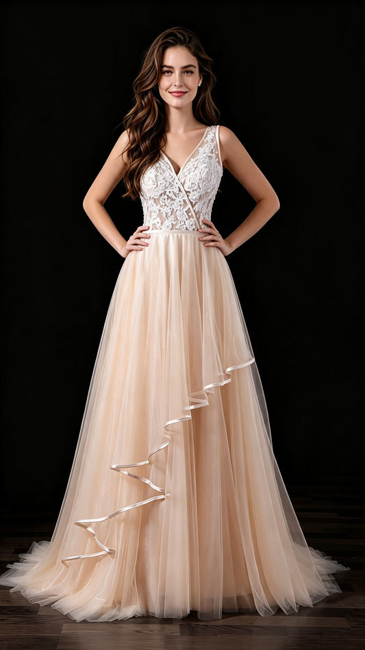 Romantic A-line Champagne Evening Gowns V Neck Lace&Tulle Long Formal Dress LFNL0622