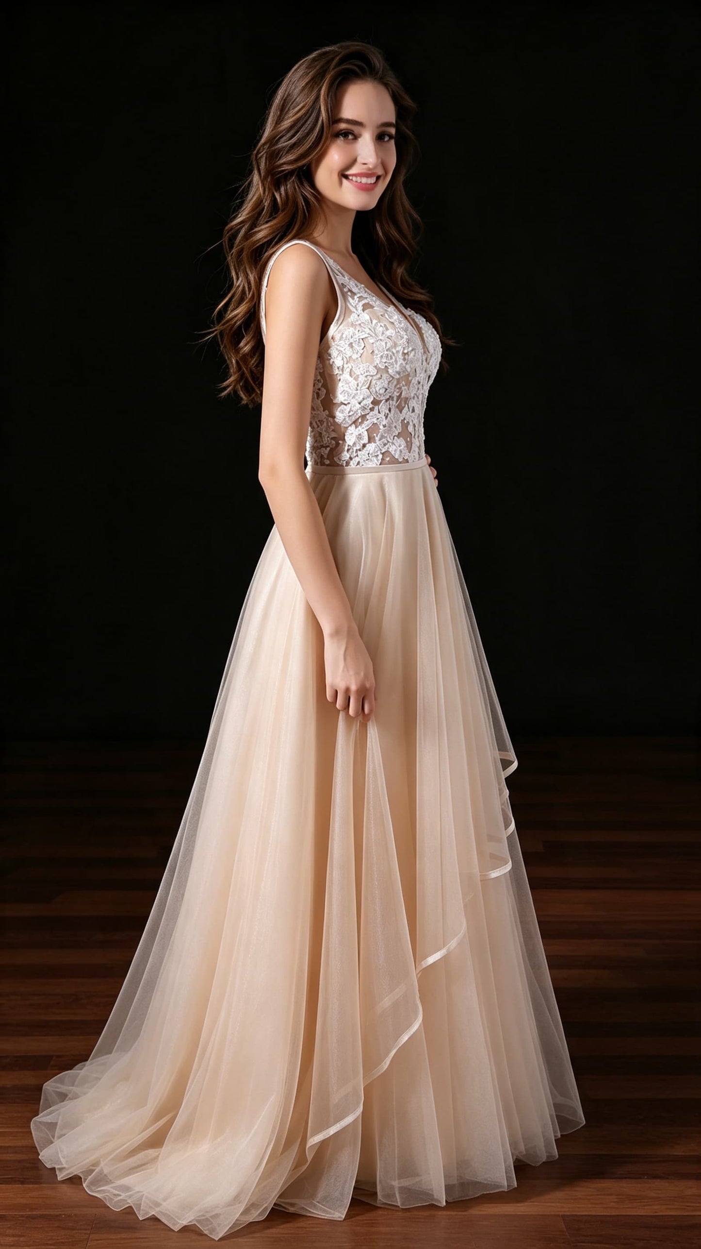Romantic A-line Champagne Evening Gowns V Neck Lace&Tulle Long Formal Dress LFNL0622