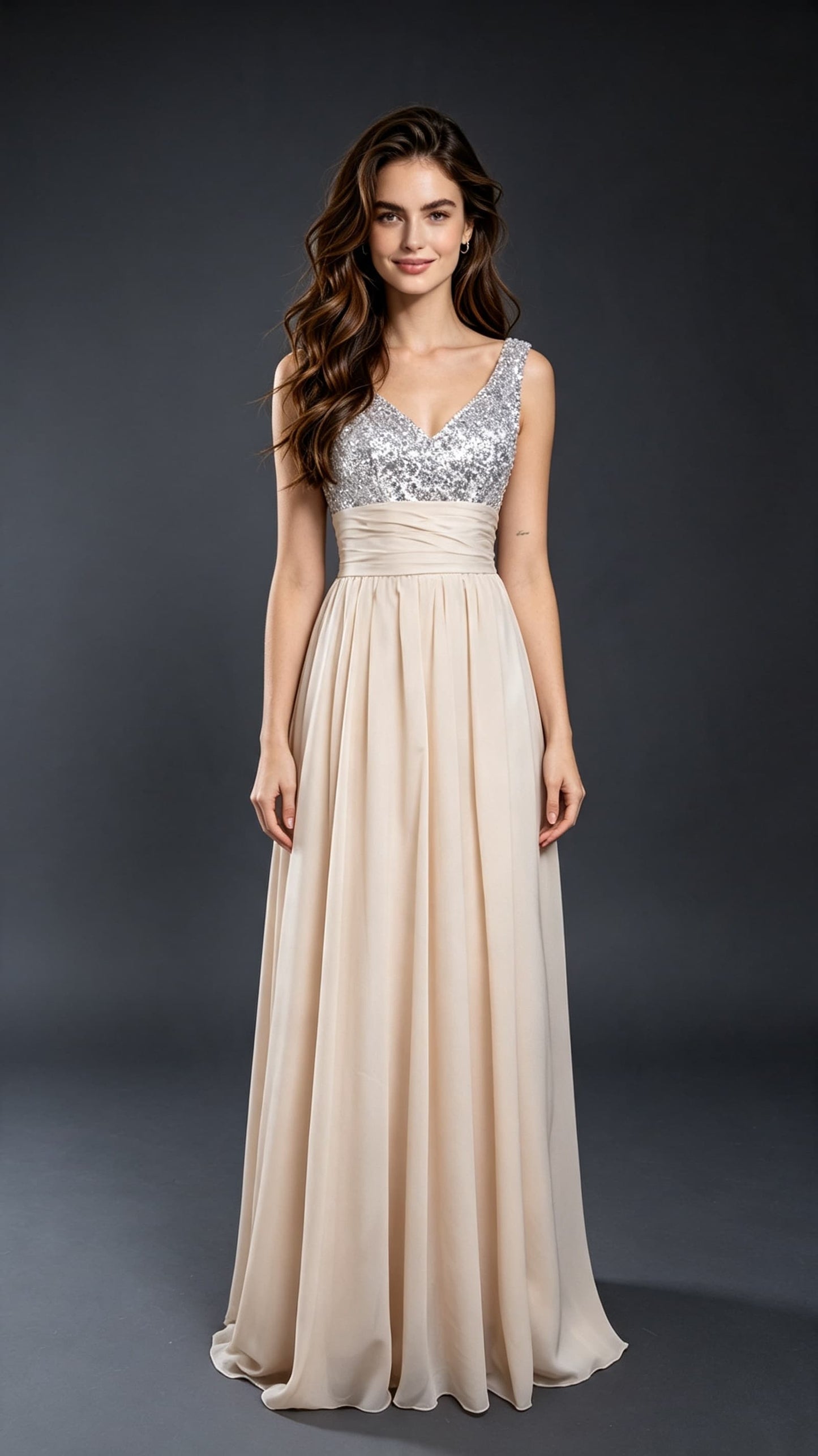 Flowy A-line Champagne Evening Dress V Neck Chiffon Long Formal Dress LFNL0582