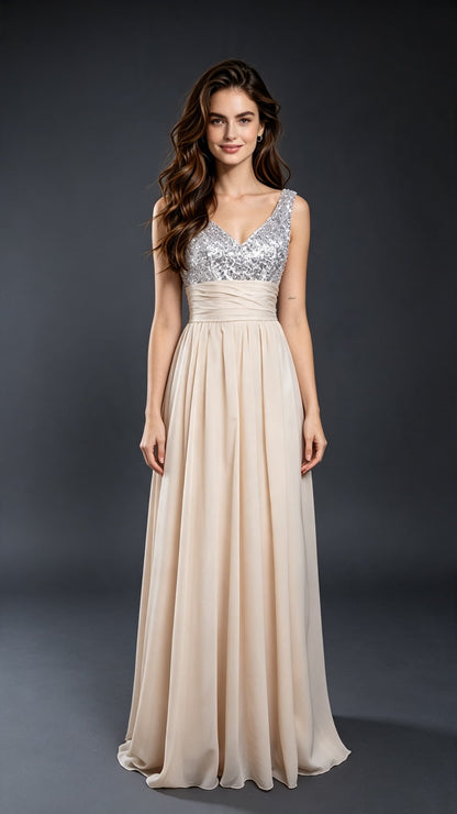 Flowy A-line Champagne Evening Dress V Neck Chiffon Long Formal Dress LFNL0582