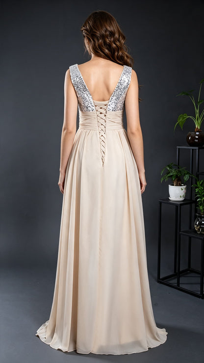 Flowy A-line Champagne Evening Dress V Neck Chiffon Long Formal Dress LFNL0582