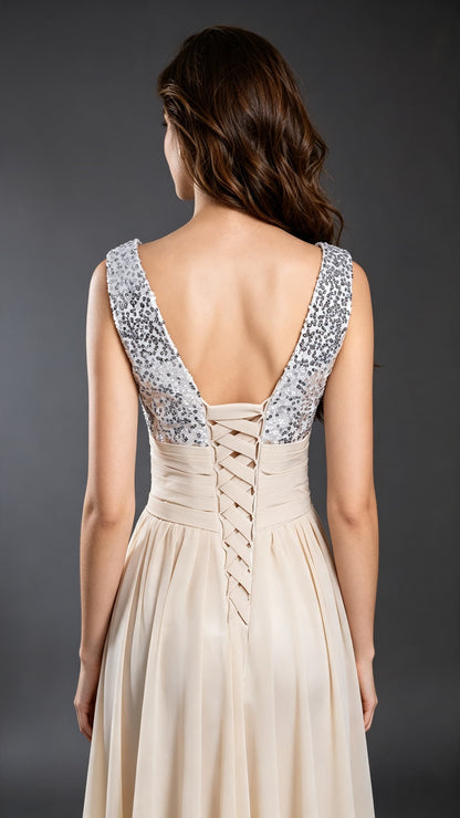 Flowy A-line Champagne Evening Dress V Neck Chiffon Long Formal Dress LFNL0582