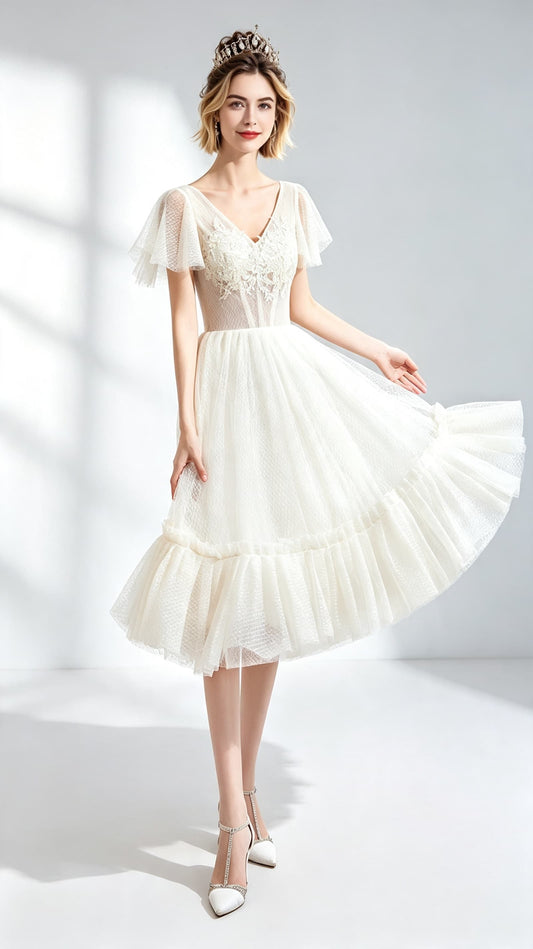 2026 A-line Champagne Evening Dress V Neck Organza Short Formal Dress LFNC0415