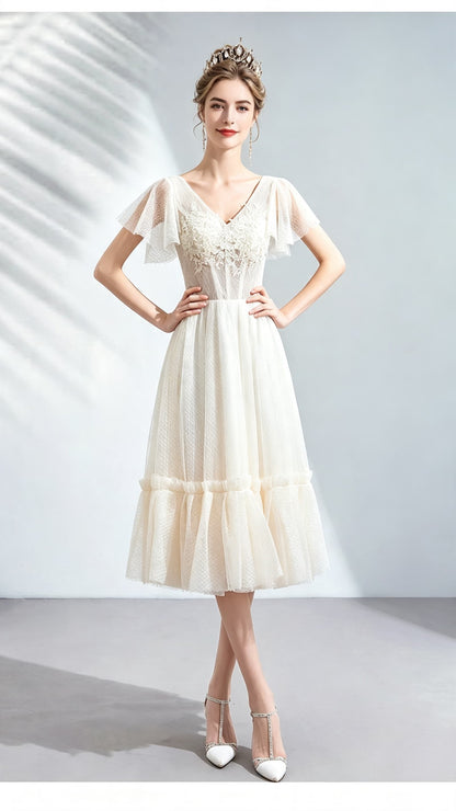 2026 A-line Champagne Evening Dress V Neck Organza Short Formal Dress LFNC0415