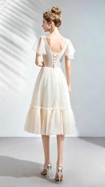 2026 A-line Champagne Evening Dress V Neck Organza Short Formal Dress LFNC0415