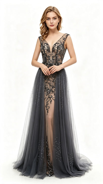 Eye-catching A-line Grey Evening Dress V Neck Tulle Long Formal Dress LFNL0632