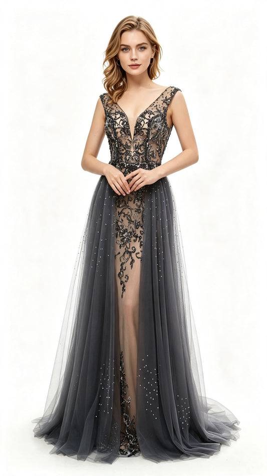 Eye-catching A-line Grey Evening Dress V Neck Tulle Long Formal Dress LFNL0632