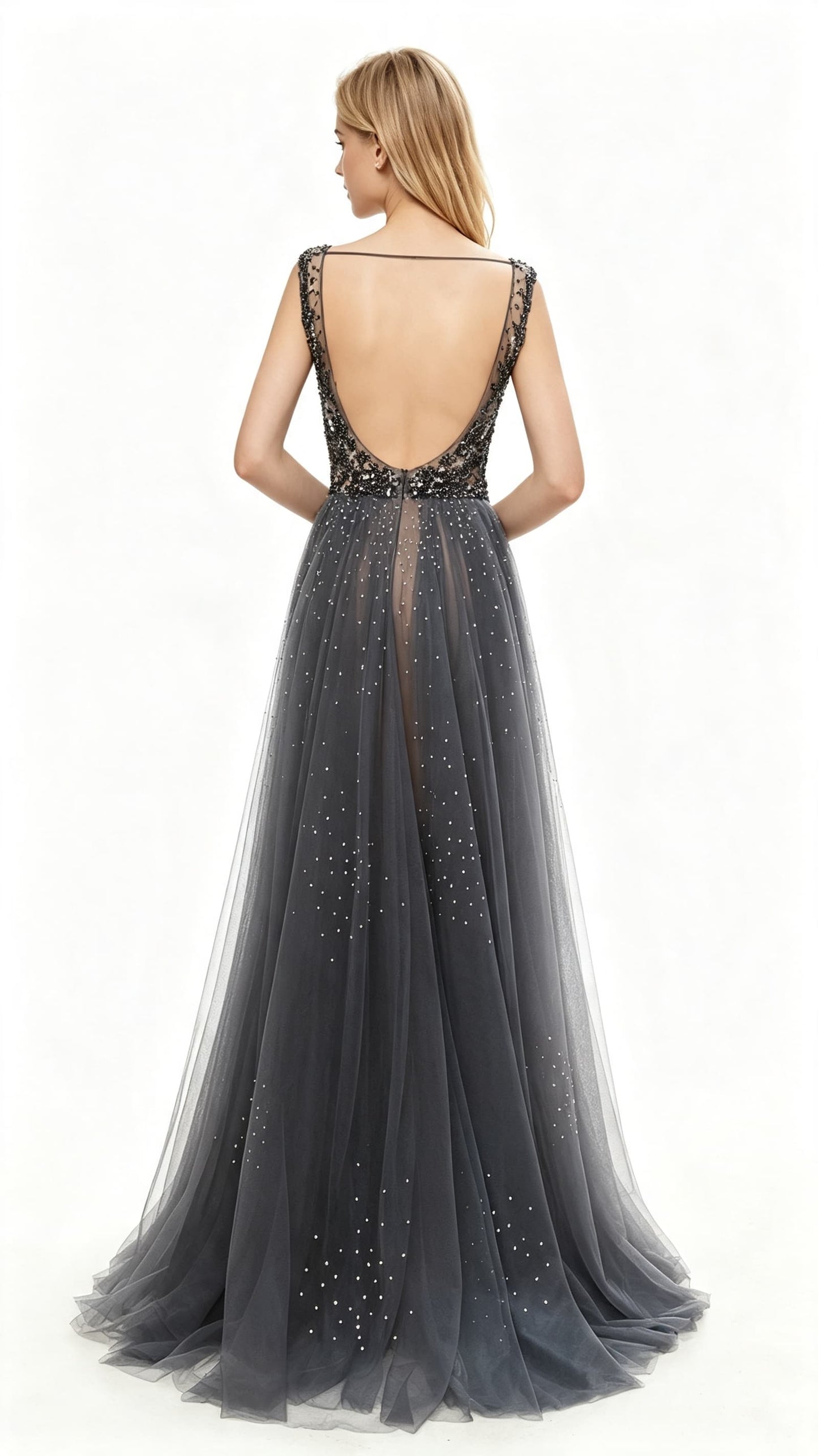Eye-catching A-line Grey Evening Dress V Neck Tulle Long Formal Dress LFNL0632