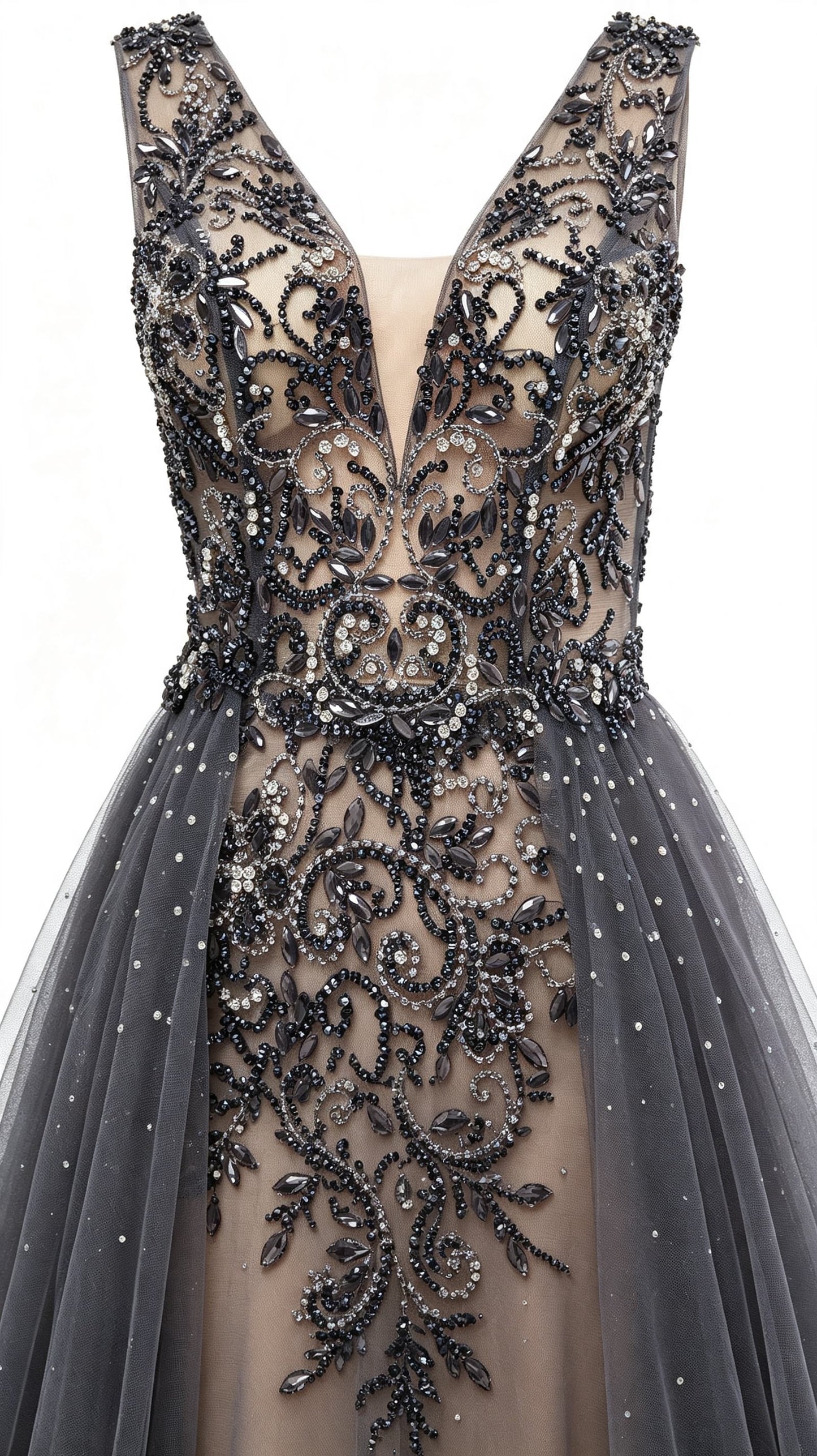 Eye-catching A-line Grey Evening Dress V Neck Tulle Long Formal Dress LFNL0632
