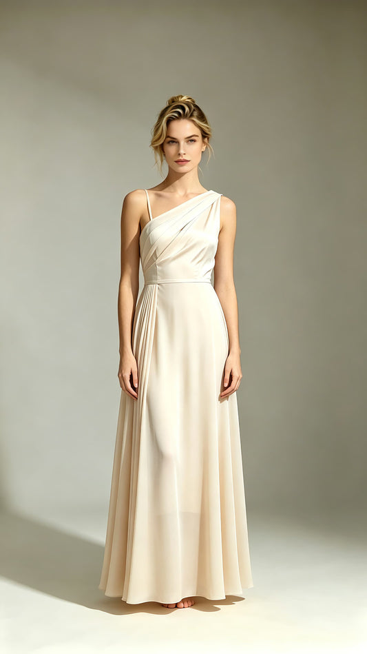 Ivory one shoulder A-line chiffon maxi evening gown, draped folded bodice, flowing floor-length skirt, custom formal dress for wedding guests