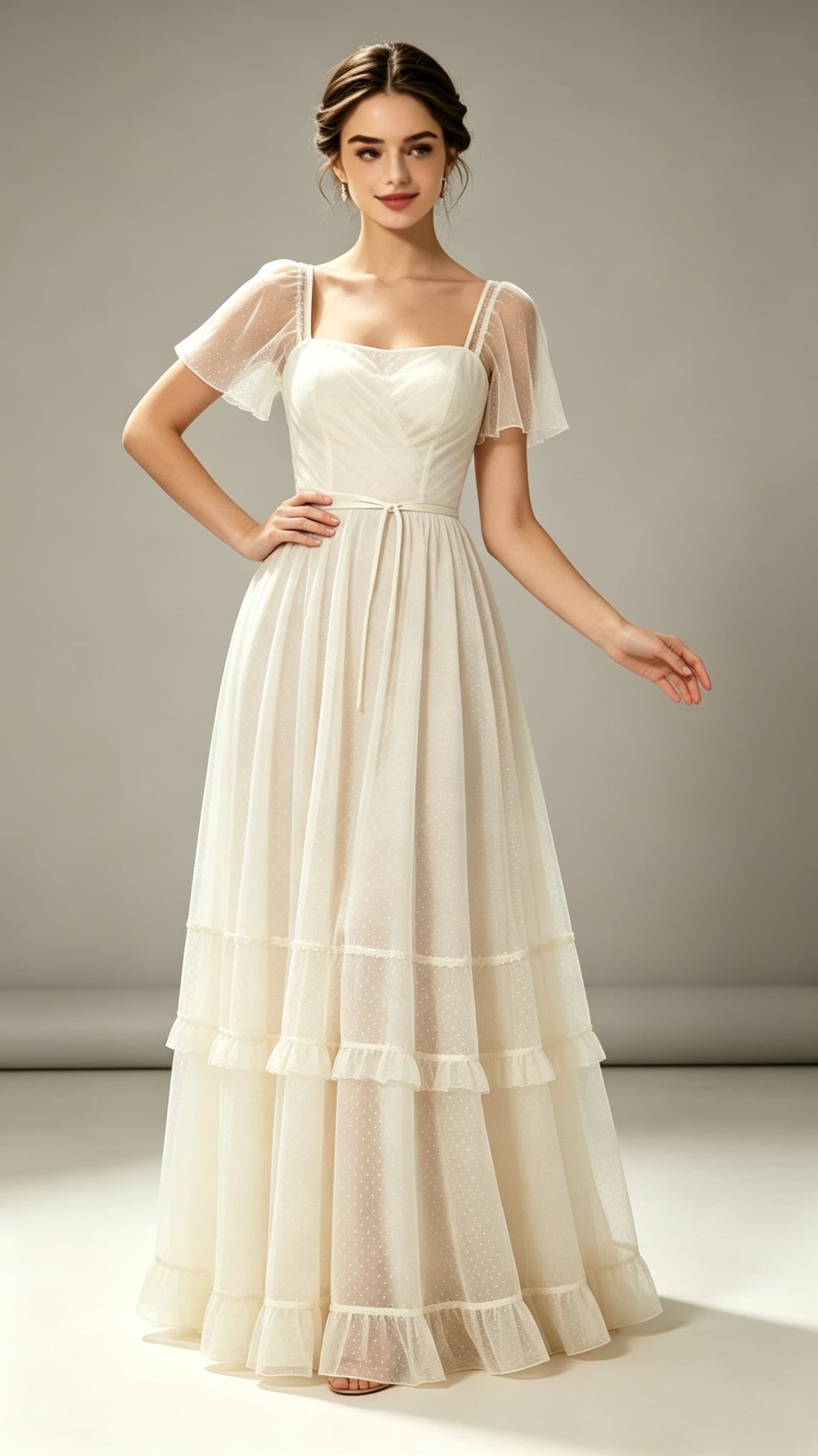 Flattering A-line Ivory Evening Gowns Strapless Tulle Maxi Dress LFNL0755