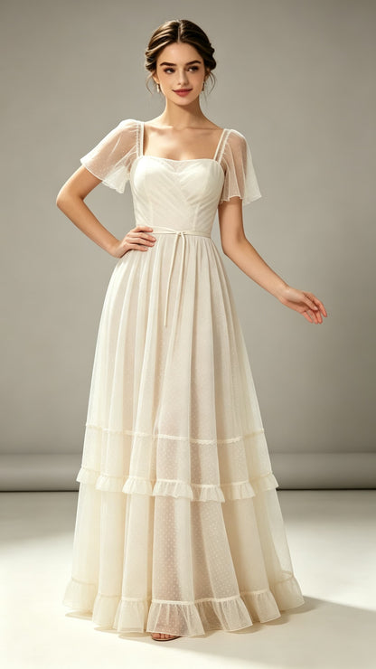 Flattering A-line Ivory Evening Gowns Strapless Tulle Maxi Dress LFNL0755