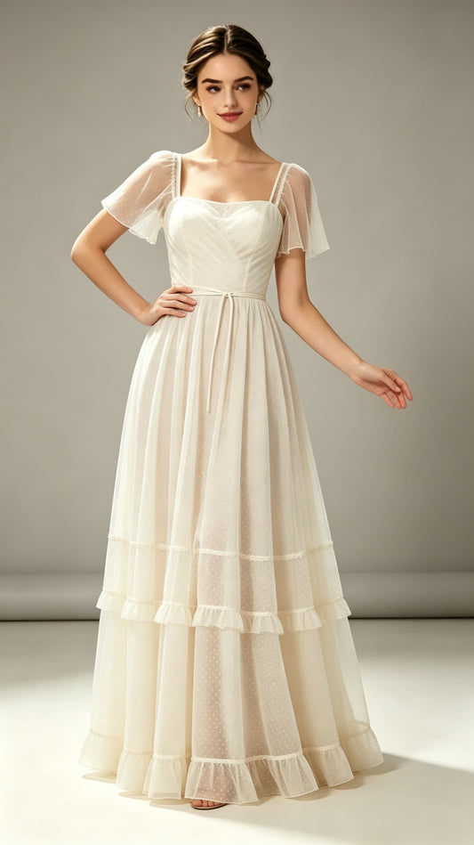 Flattering A-line Ivory Evening Gowns Strapless Tulle Maxi Dress LFNL0755