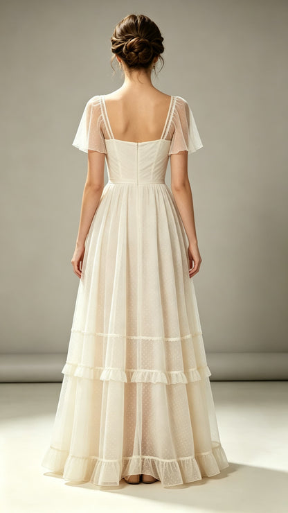 Flattering A-line Ivory Evening Gowns Strapless Tulle Maxi Dress LFNL0755