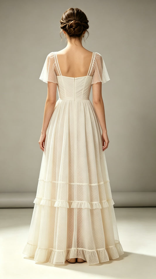 Flattering A-line Ivory Evening Gowns Strapless Tulle Maxi Dress LFNL0755