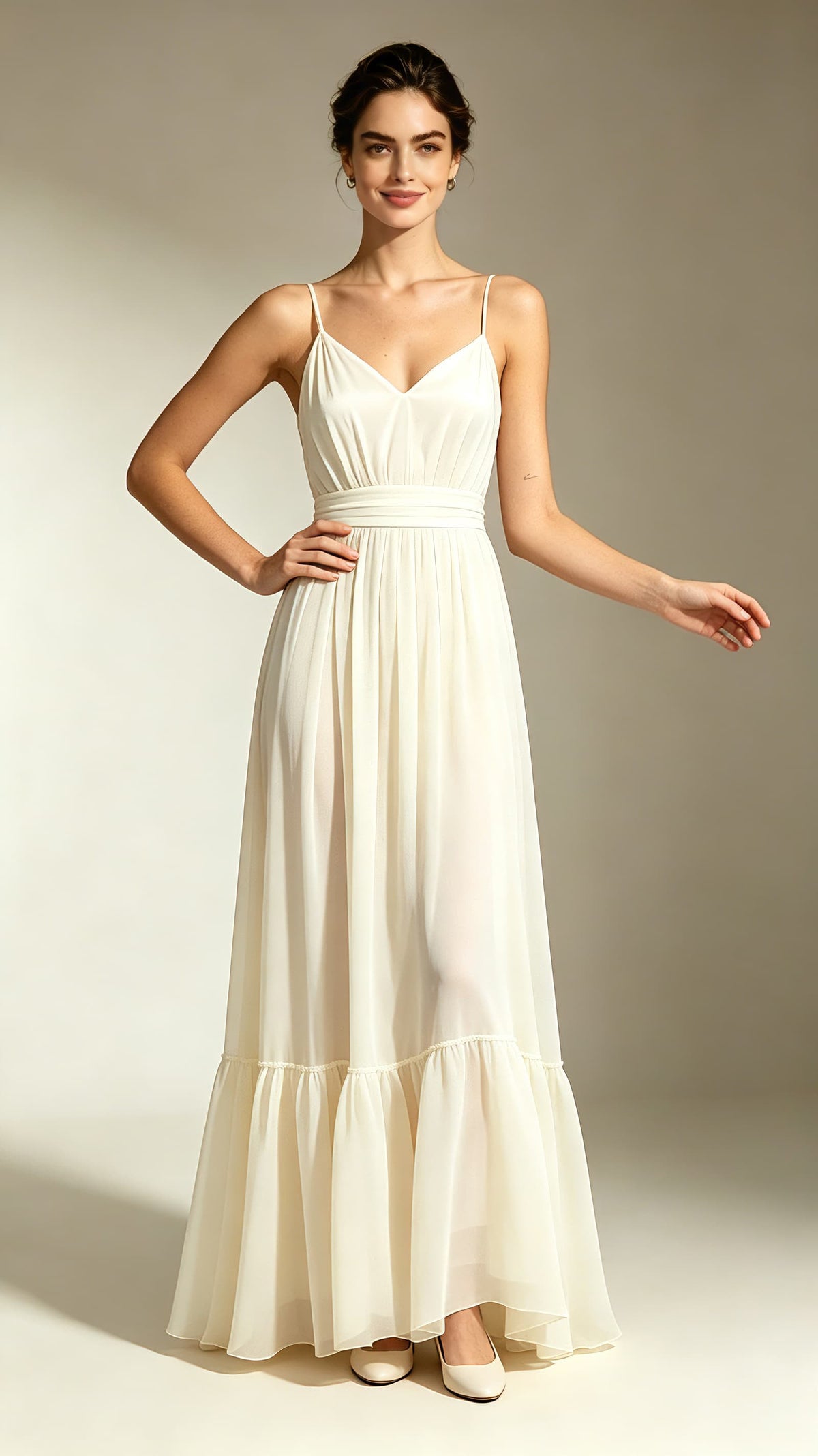 Gorgeous ivory A‑line chiffon maxi evening gown, thin spaghetti straps, gathered v‑neck, ruffled tier hem for garden wedding events