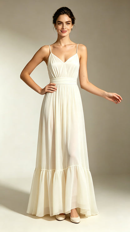 Gorgeous ivory A‑line chiffon maxi evening gown, thin spaghetti straps, gathered v‑neck, ruffled tier hem for garden wedding events
