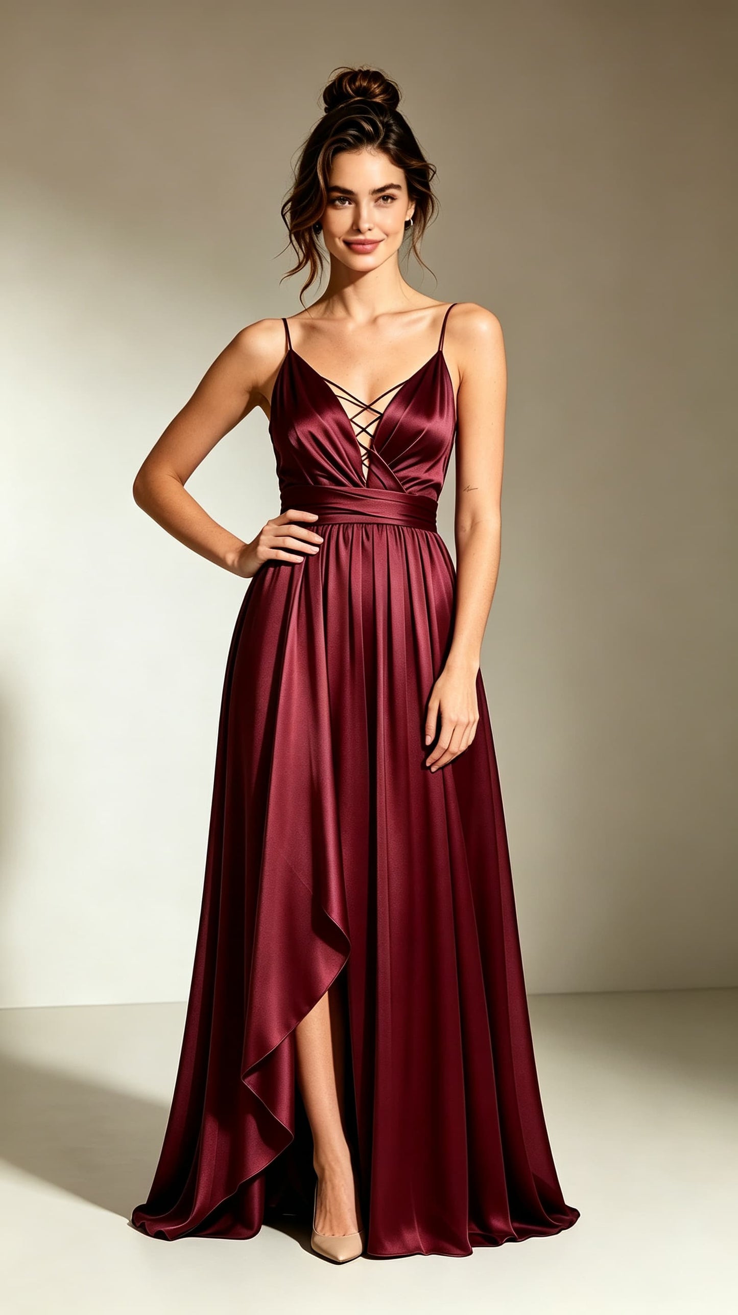 Burgundy spaghetti‑strap A‑line satin maxi evening gown, criss‑cross lace‑up V‑neck, asymmetrical layered overlay slit, custom‑tailored special‑occasion long dress.