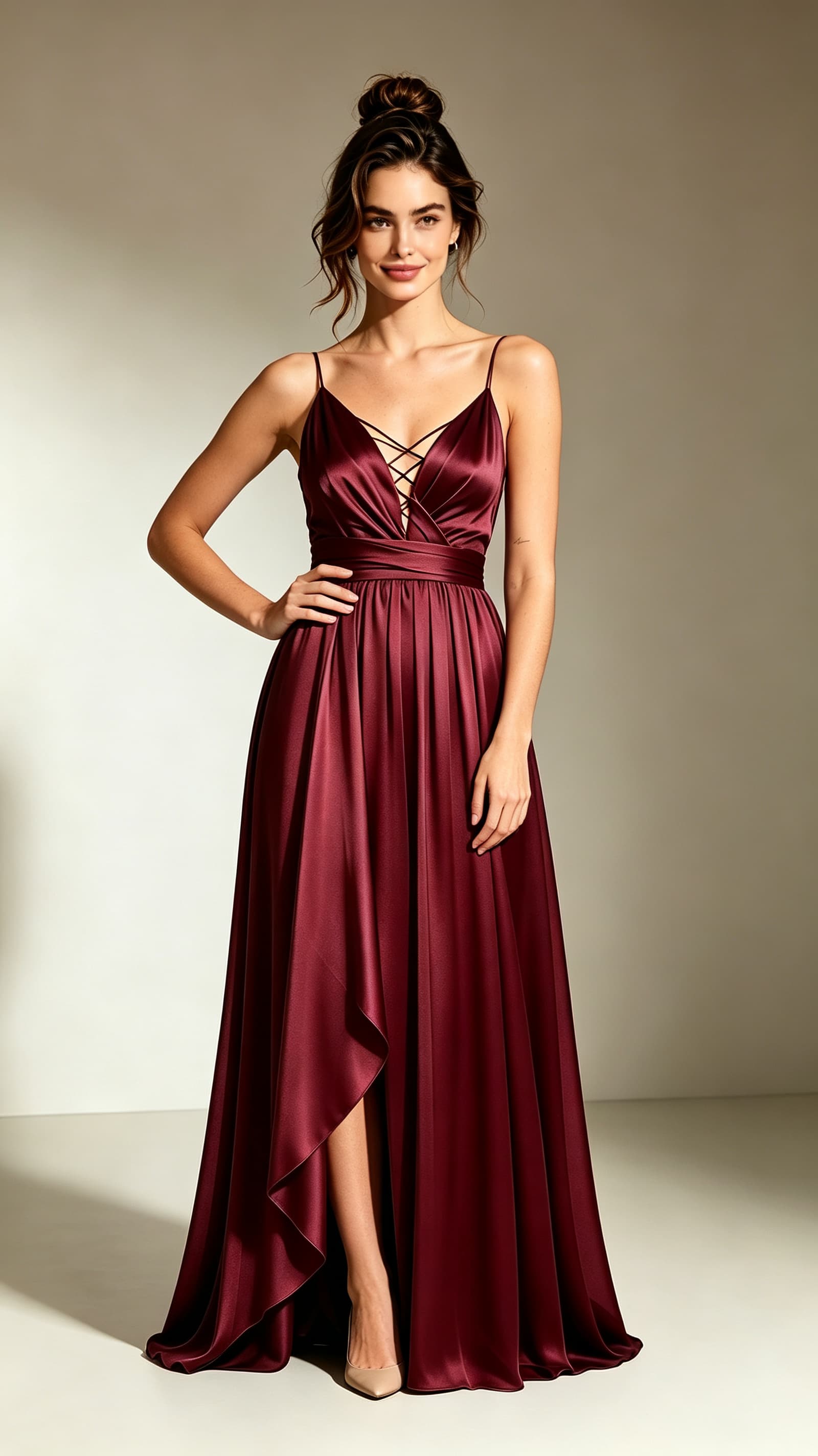 Burgundy spaghetti‑strap A‑line satin maxi evening gown, criss‑cross lace‑up V‑neck, asymmetrical layered overlay slit, custom‑tailored special‑occasion long dress.