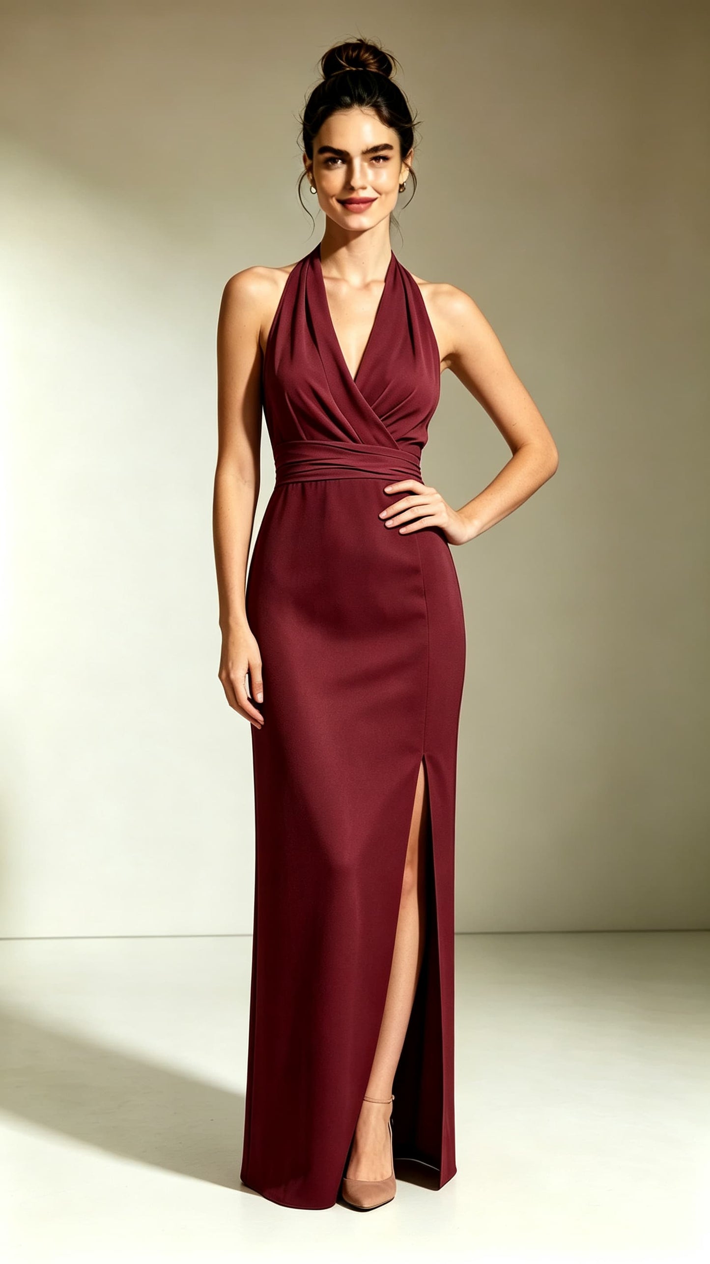 Burgundy halter‑neck mermaid maxi evening gown, wrap V‑neck, twisted wrapped waistband, fitted skirt with side slit, custom‑tailored formal long dress.