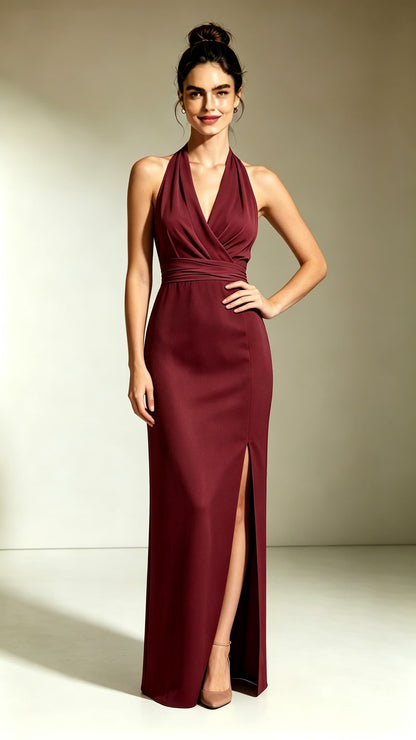 Burgundy halter‑neck mermaid maxi evening gown, wrap V‑neck, twisted wrapped waistband, fitted skirt with side slit, custom‑tailored formal long dress.