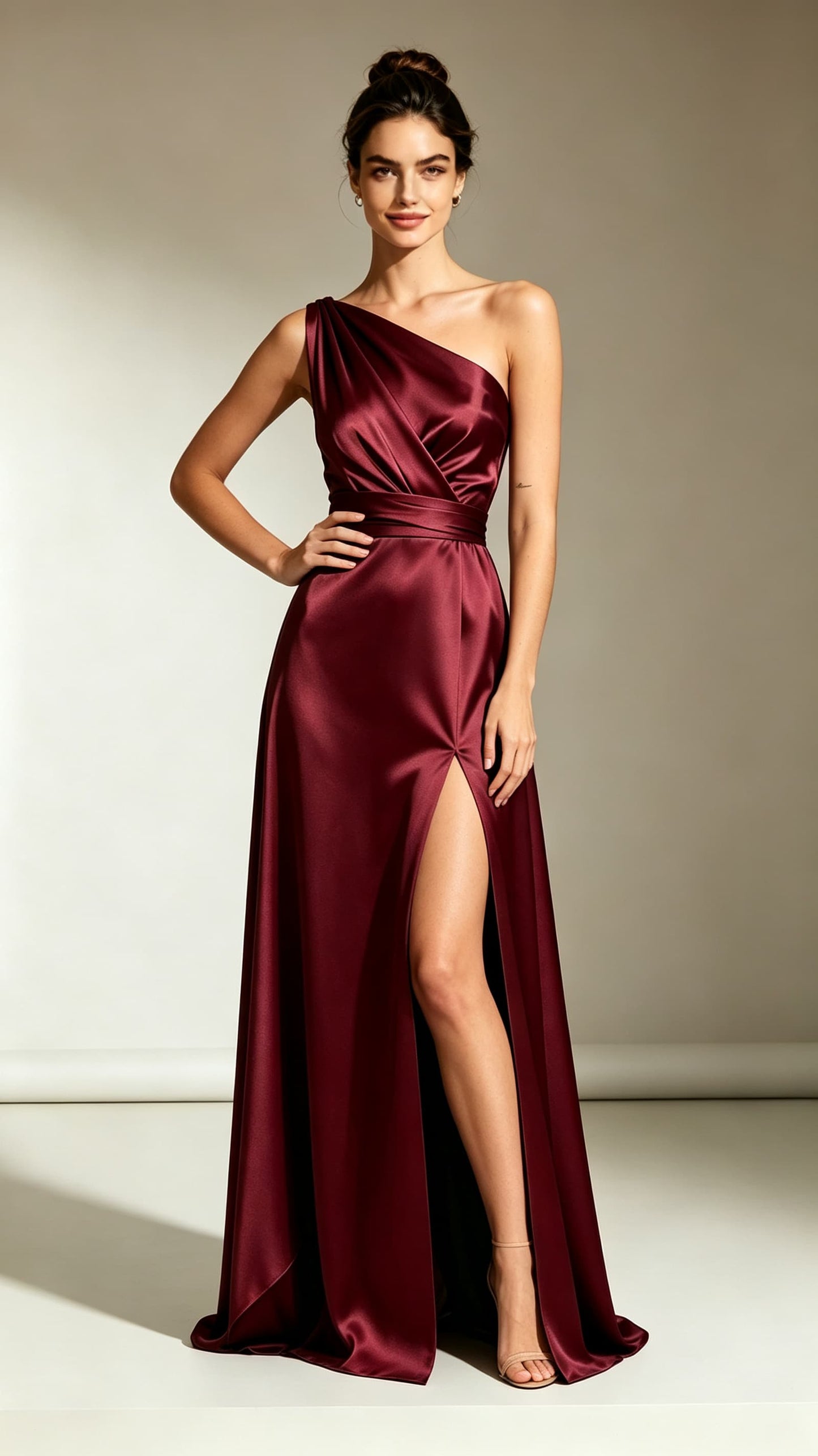Burgundy one‑shoulder A‑line satin maxi evening gown, draped folded bodice, wrapped waist sash, high front slit, custom‑tailored special‑occasion long dress.