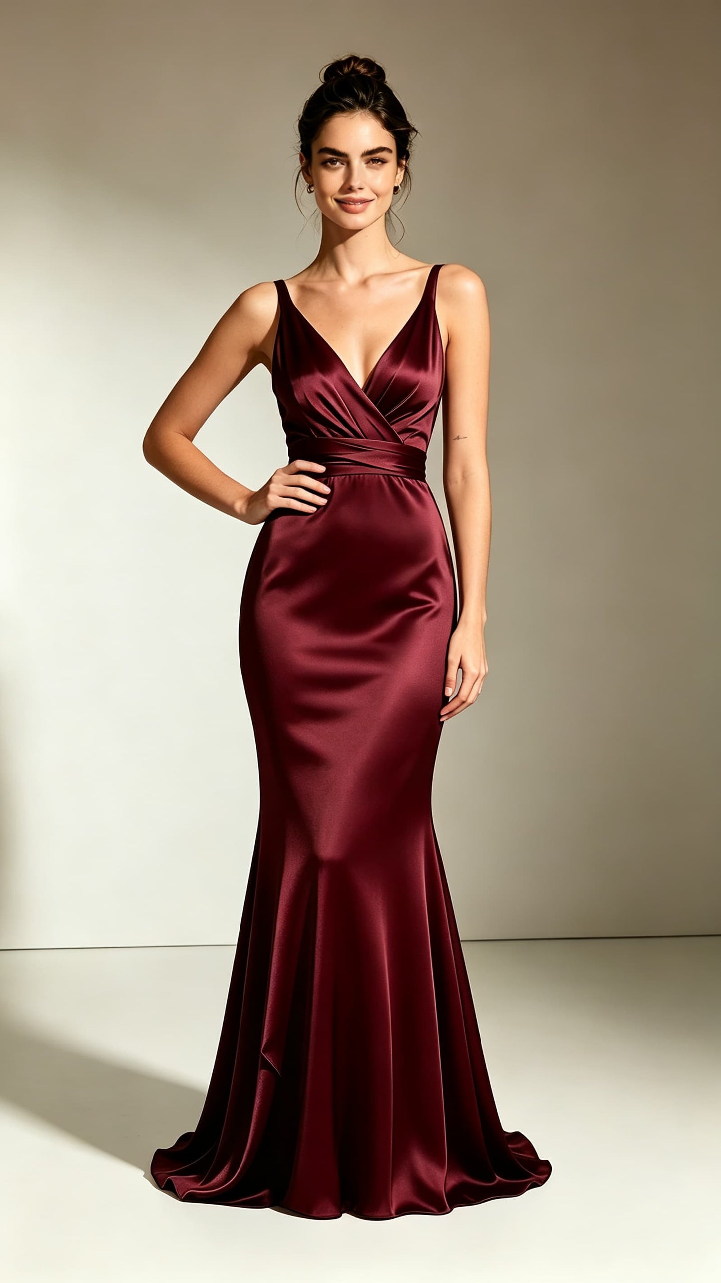 Merlot‑red spaghetti‑strap mermaid satin maxi evening gown, wrapped V‑neck, twisted waist sash, floor‑flaring hem, custom‑tailored special‑occasion long dress.