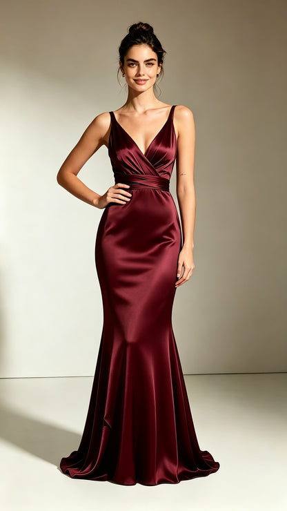 Merlot‑red spaghetti‑strap mermaid satin maxi evening gown, wrapped V‑neck, twisted waist sash, floor‑flaring hem, custom‑tailored special‑occasion long dress.