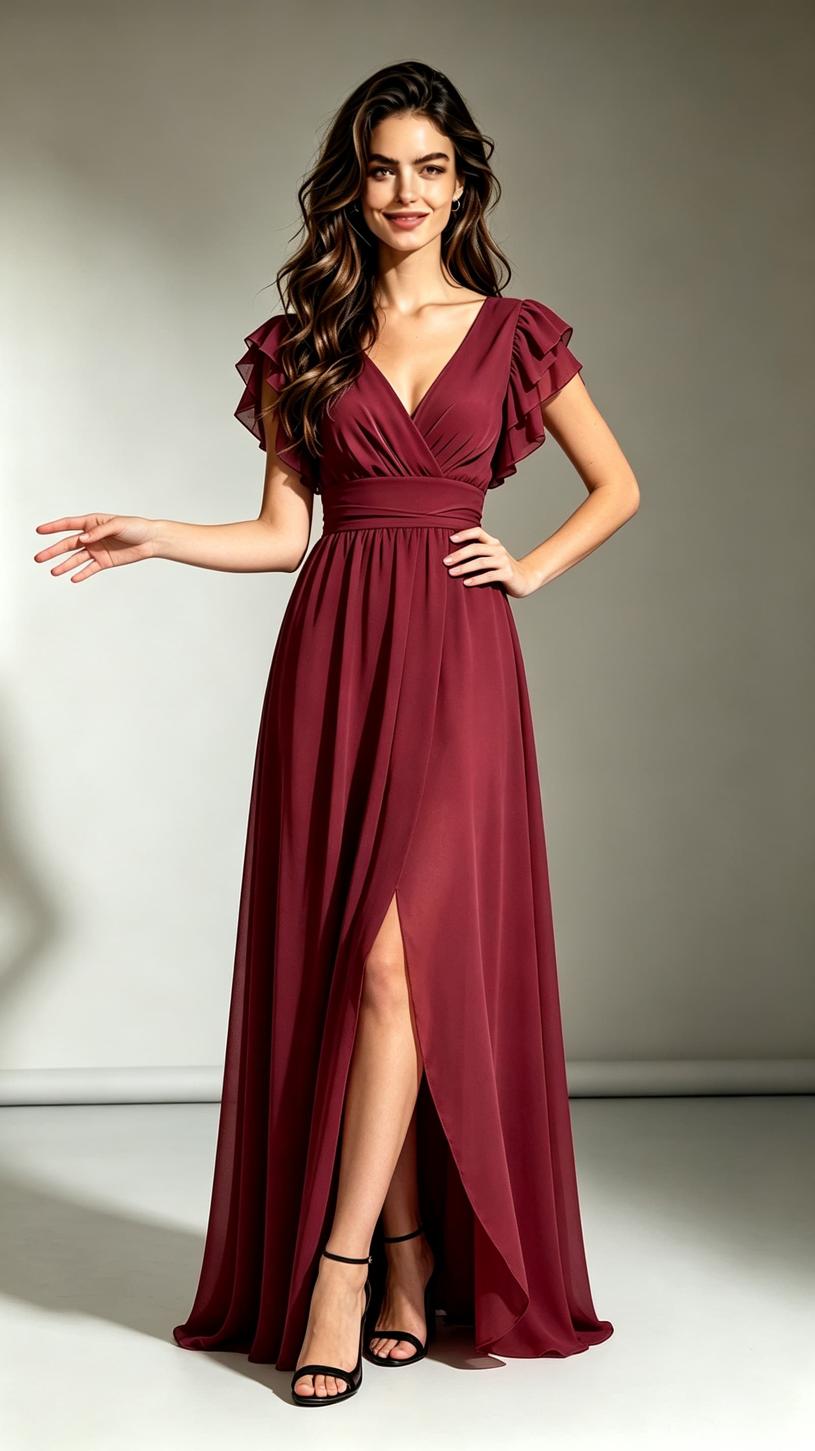 Burgundy A‑line chiffon maxi evening gown, wrap V‑neck, layered ruffle short sleeves, wrapped waistband, front slit, custom formal dress