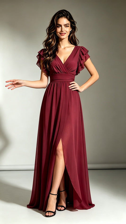 Burgundy A‑line chiffon maxi evening gown, wrap V‑neck, layered ruffle short sleeves, wrapped waistband, front slit, custom formal dress
