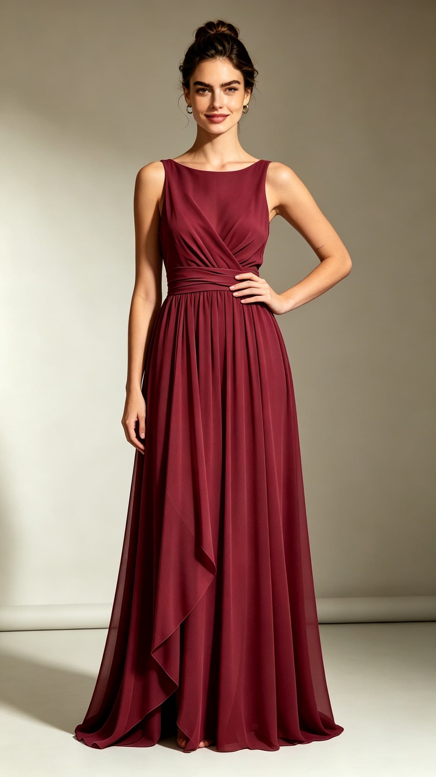 Burgundy sleeveless A‑line chiffon maxi evening gown, round boat neck, wrapped bodice, cascading draped overlay, custom‑made special‑occasion long dress.