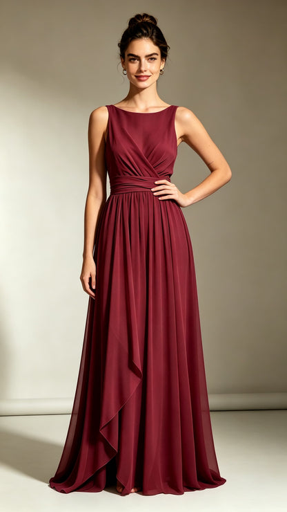 Burgundy sleeveless A‑line chiffon maxi evening gown, round boat neck, wrapped bodice, cascading draped overlay, custom‑made special‑occasion long dress.