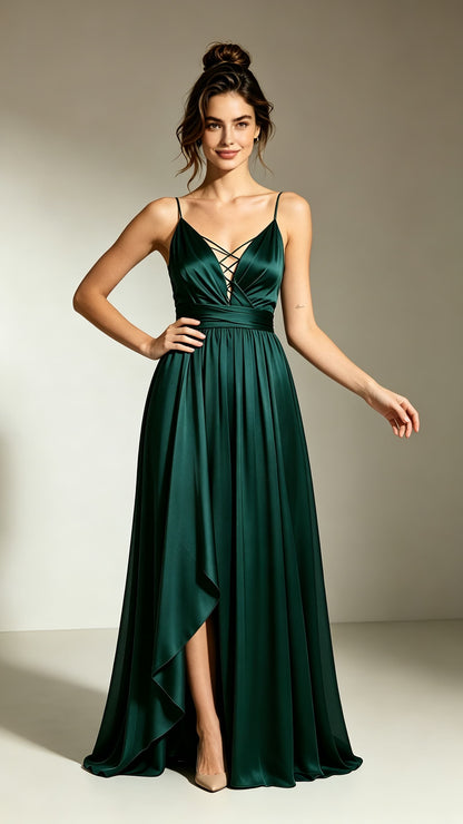 Emerald‑green spaghetti‑strap A‑line satin maxi evening gown, criss‑cross lace‑up V‑neck, side overlay slit, custom‑made formal prom and Year‑12‑formal dress.